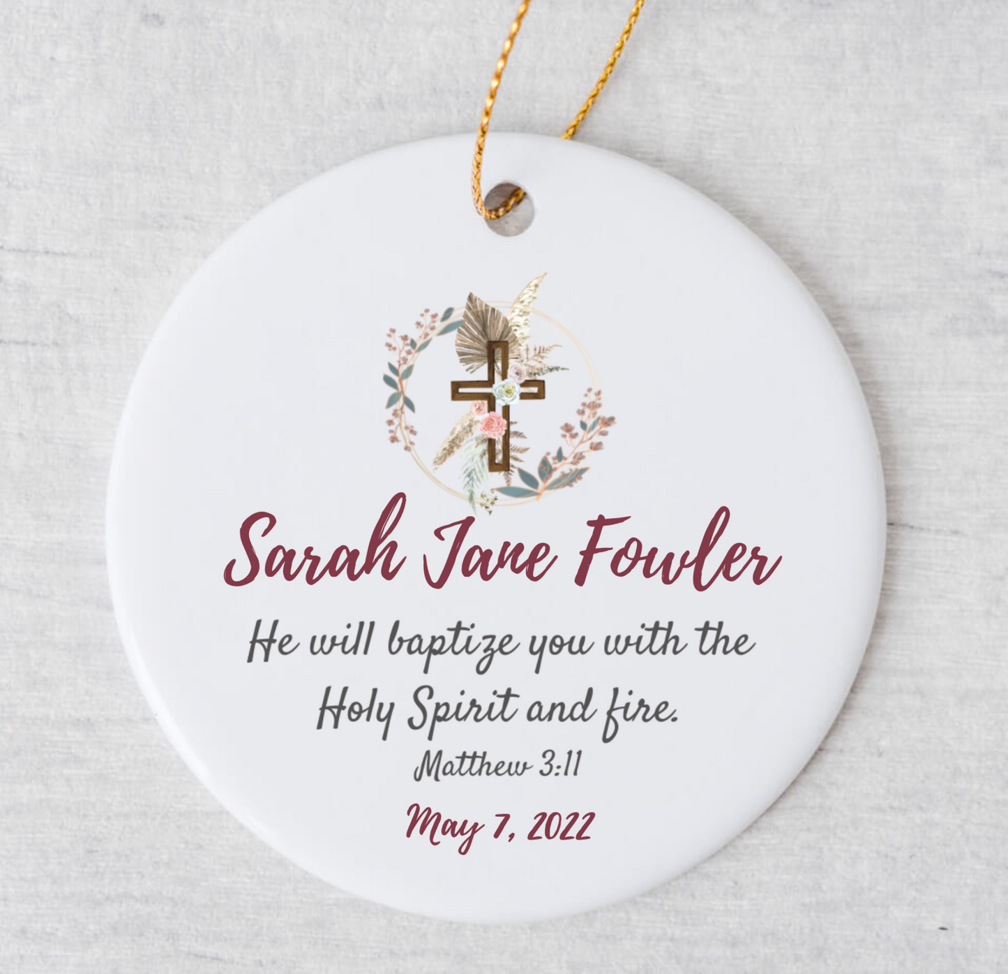 Baptism Ornament - Bible Verse - Maroon